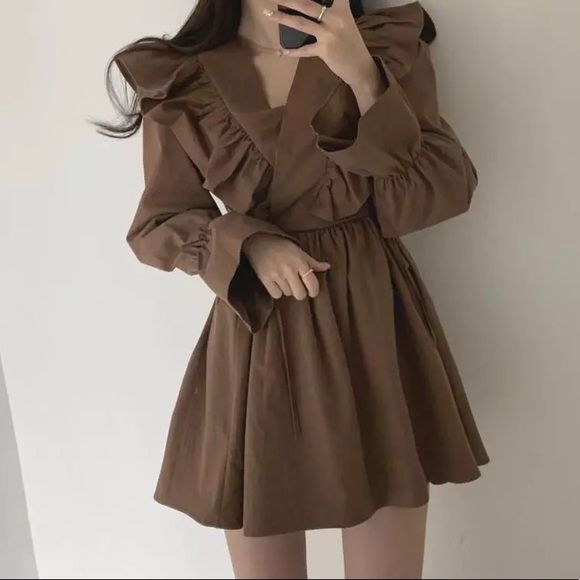 Ruffle dress butterfly mocha brown v-neck womens flare dresses - Picture 4 of 6